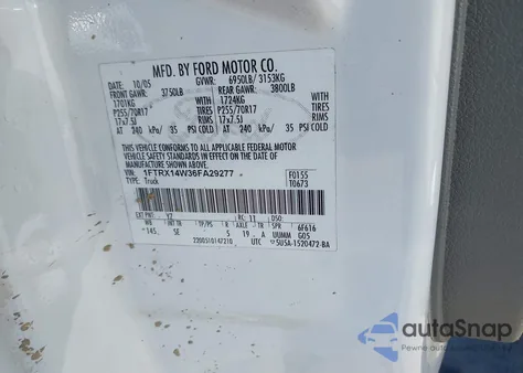 2006 Ford F-150 Stx/Xl/Xlt из США, поврежденный, VIN 1FTRX14W36FA29277